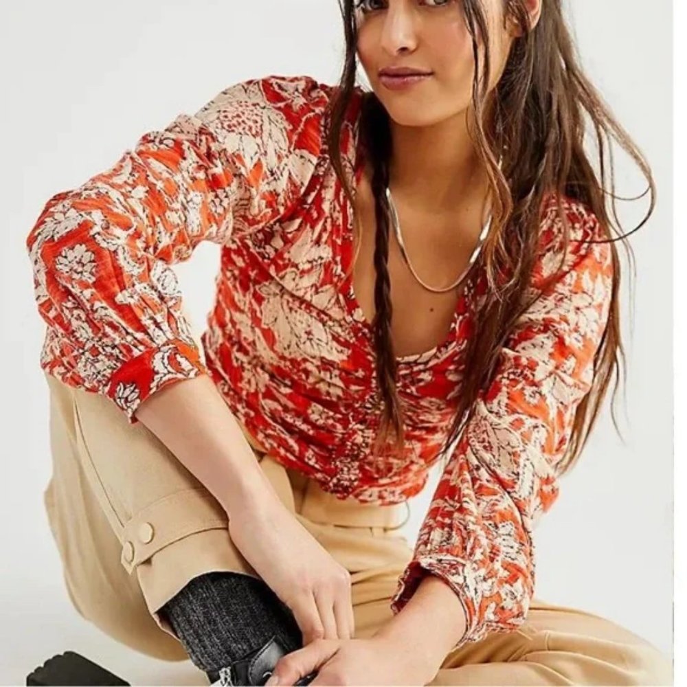 Free People Red Floral Blouse
